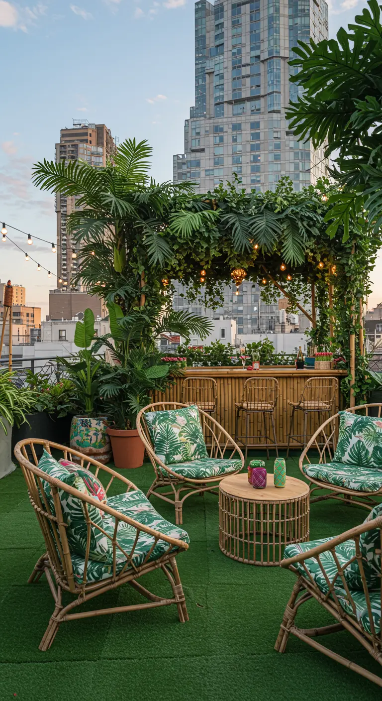 Bar de bambú en una azotea urbana, rodeado de plantas tropicales y muebles a juego.