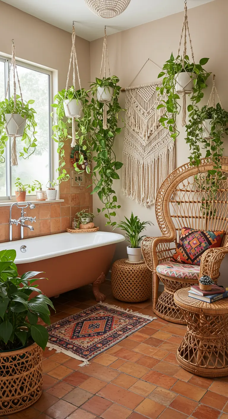 Baño bohemio lleno de plantas colgantes, silla de pavo real de ratán y bañera vintage.