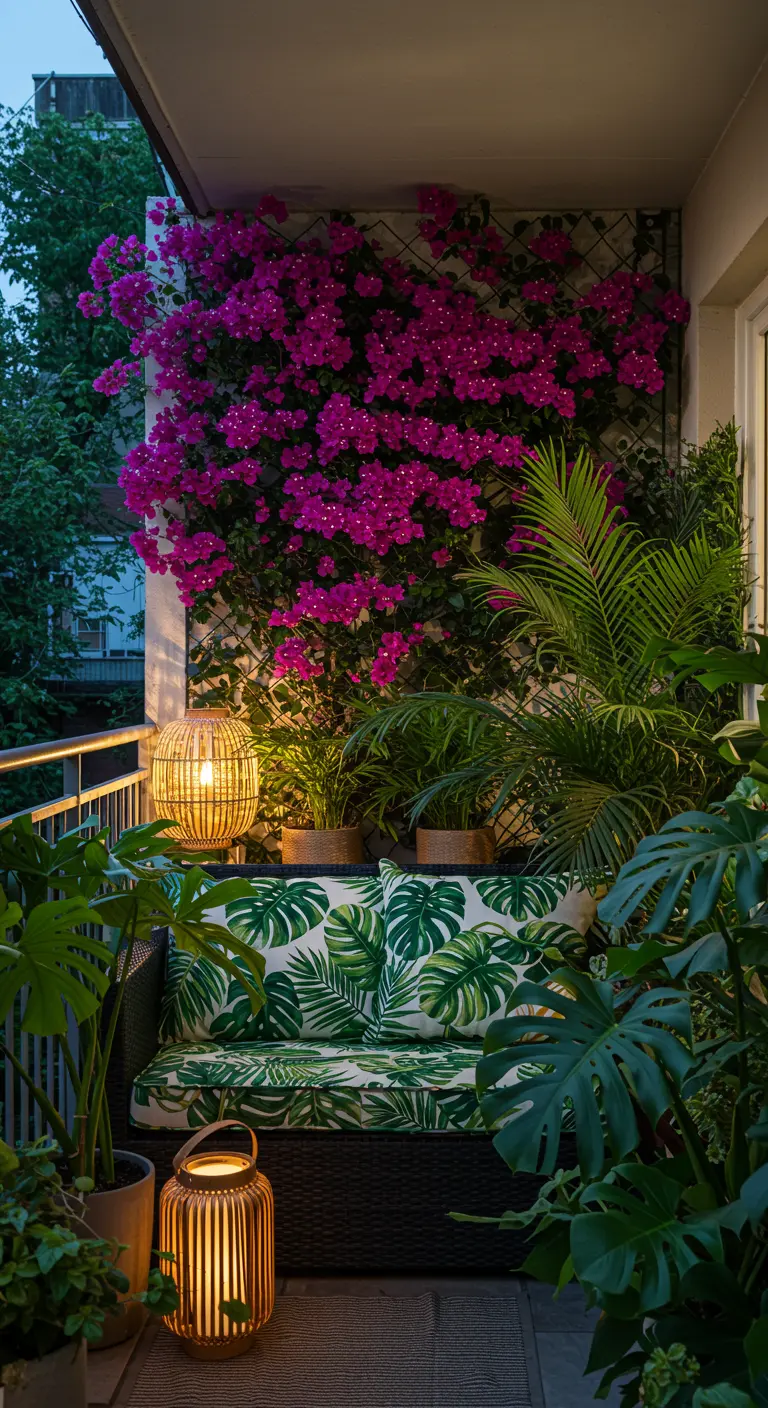 Balcón pequeño lleno de plantas tropicales, buganvilla y cojines con estampado de hojas.