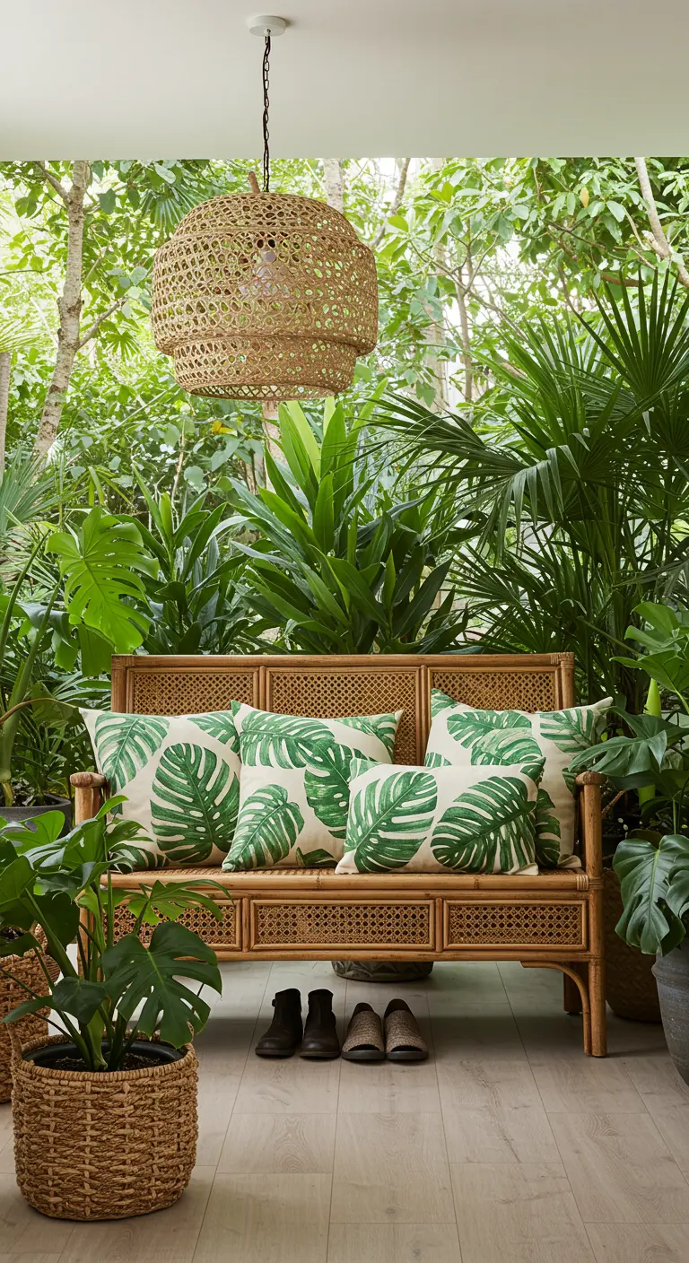 Banco de ratán rodeado de plantas tropicales, con cojines estampados con hojas de monstera.