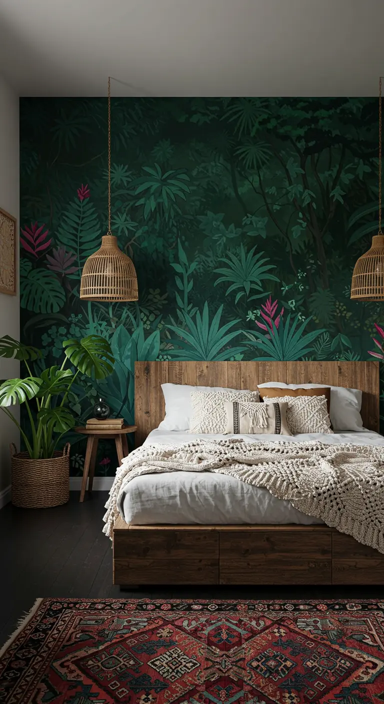 Dormitorio de estilo boho con un mural de una jungla tropical y lámparas de ratán.