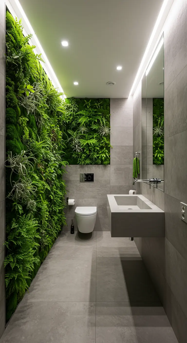 Baño moderno con una pared completamente cubierta de plantas verdes y lavabo flotante