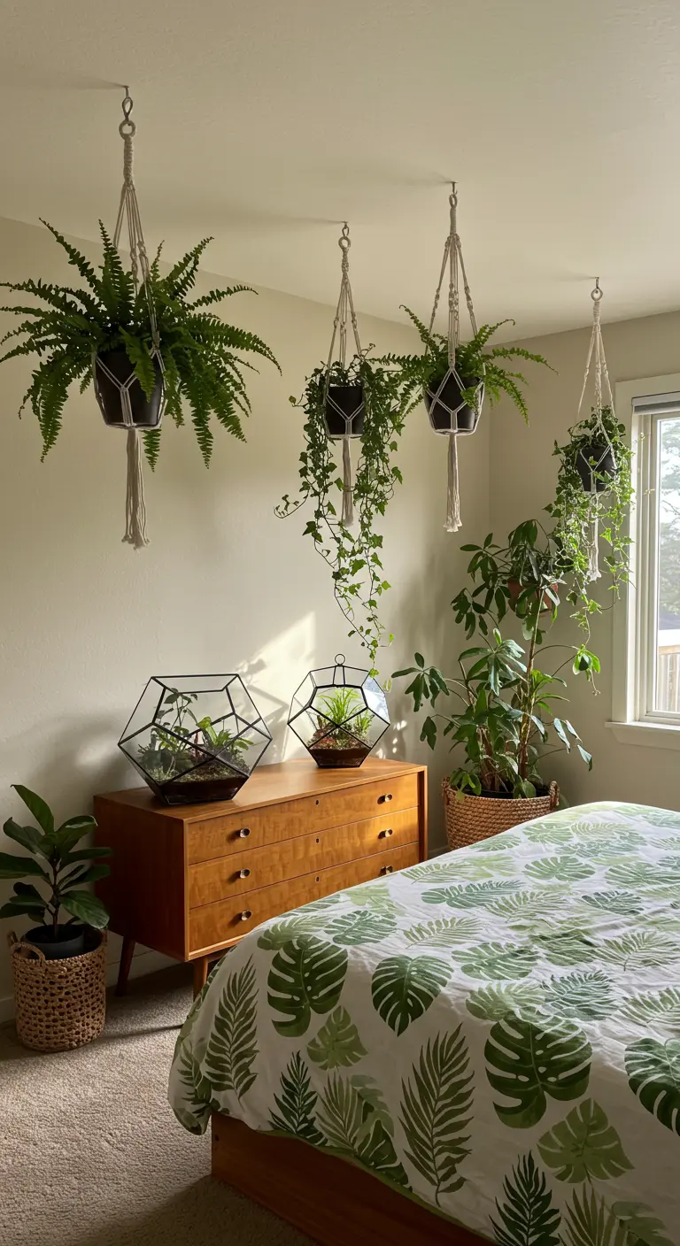 Dormitorio lleno de plantas colgantes en maceteros de macramé y ropa de cama con estampado de hojas.