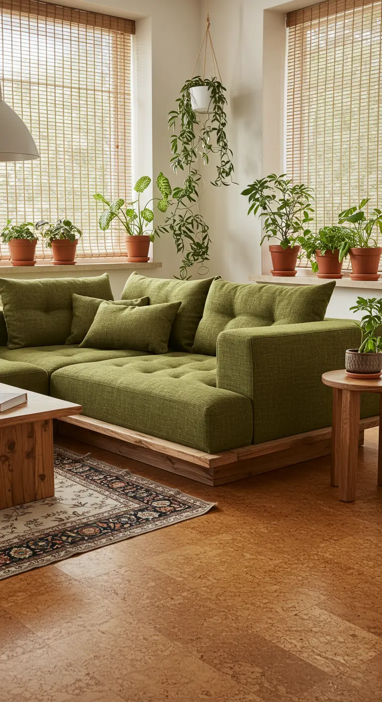 Sofá modular bajo de color verde oliva sobre una base de madera, rodeado de plantas de interior.