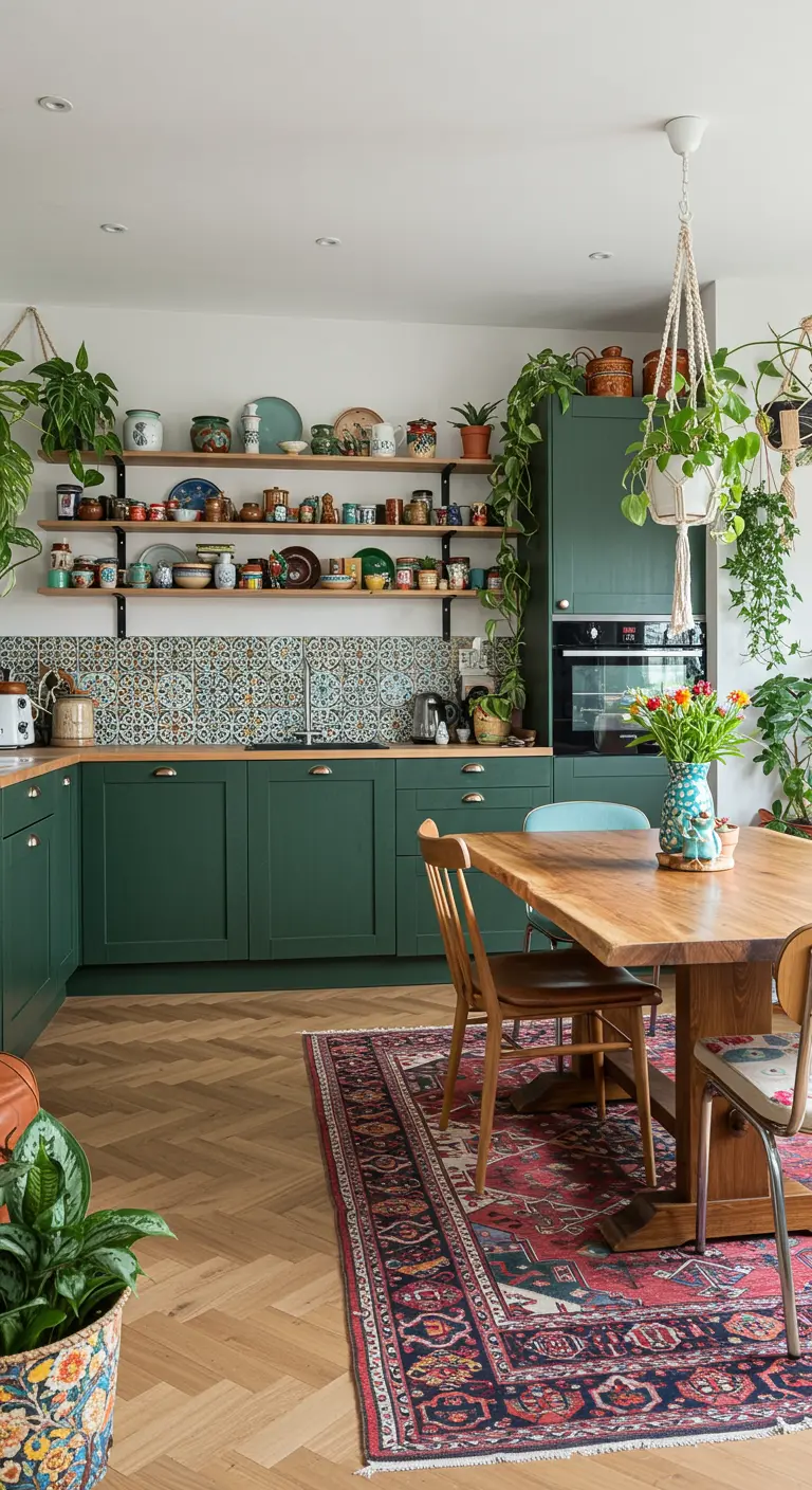 Cocina bohemia con gabinetes verdes, muchas plantas y comedor con alfombra persa.
