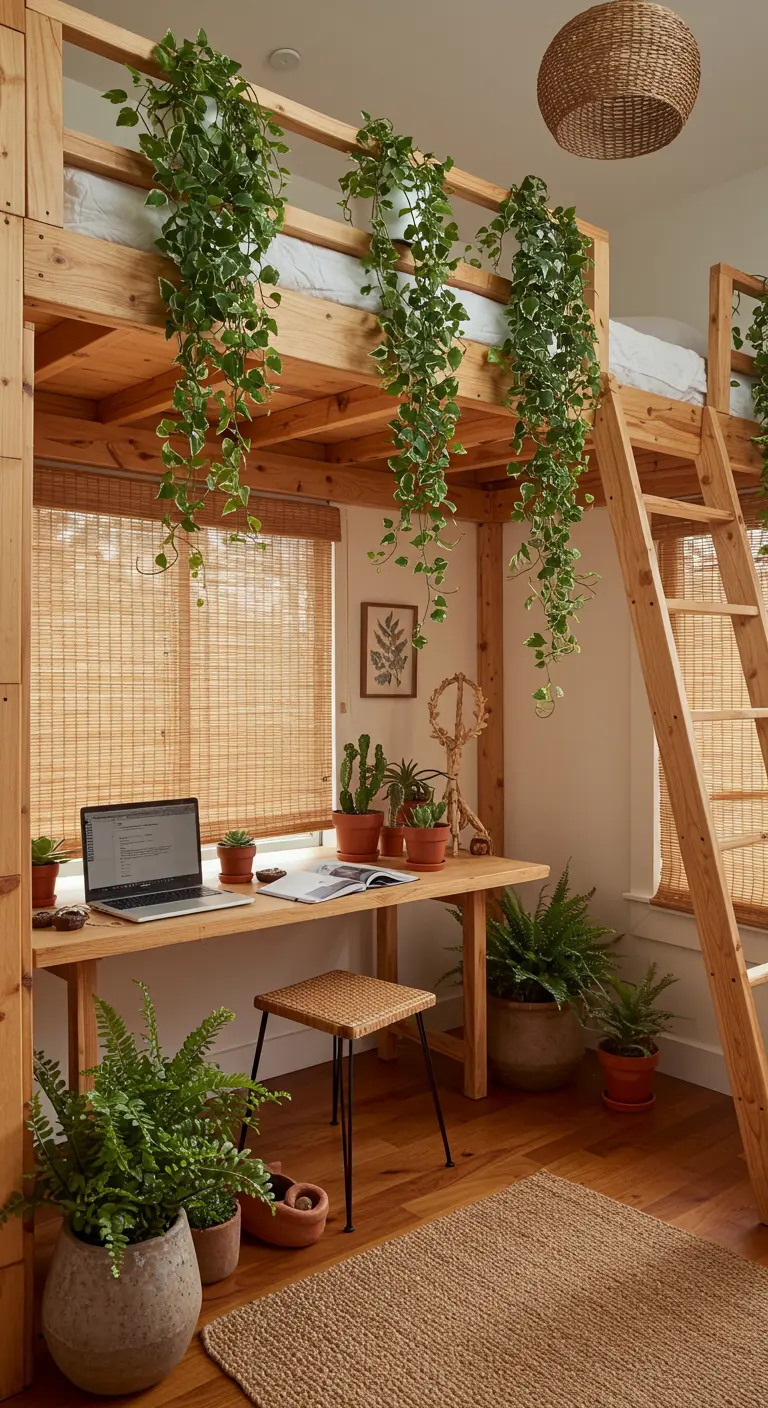 Cama alta de madera rodeada de plantas colgantes y en macetas, creando un ambiente de jungla urbana