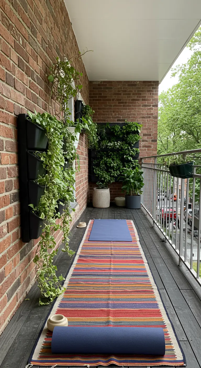 Balcón estrecho con un jardín vertical en la pared de ladrillo y una alfombra de colores.