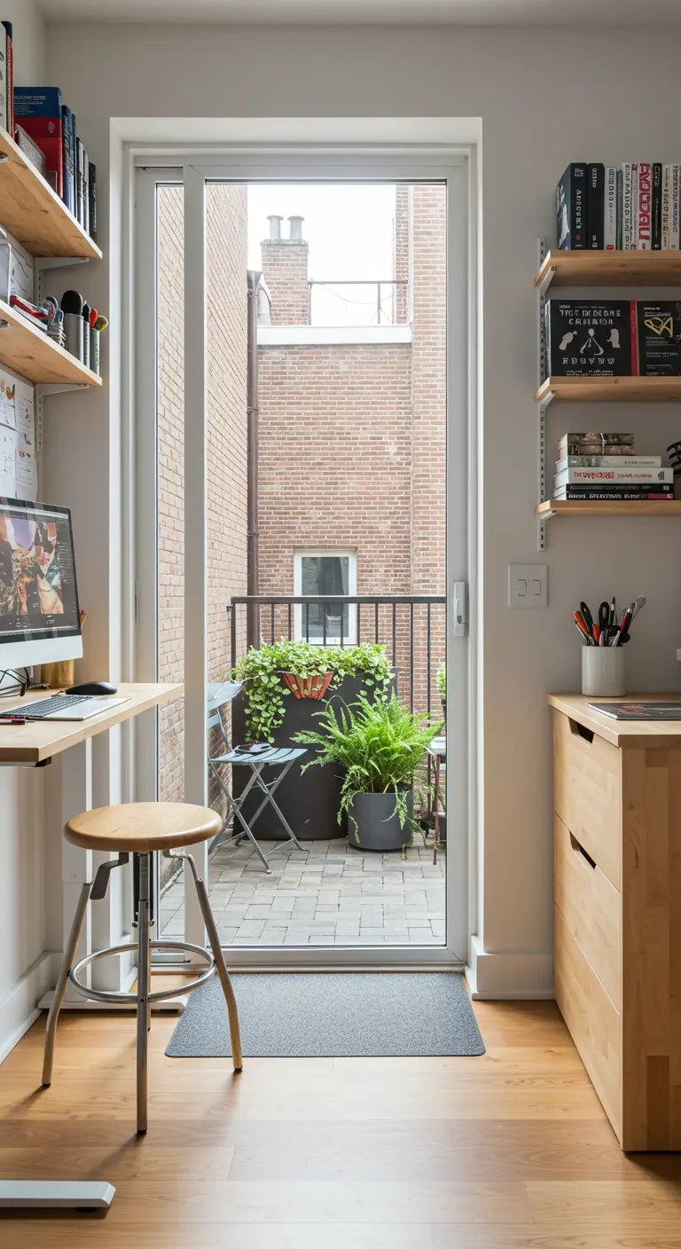 Pequeño escritorio de madera junto a la puerta de un balcón, con estanterías en la pared y un taburete
