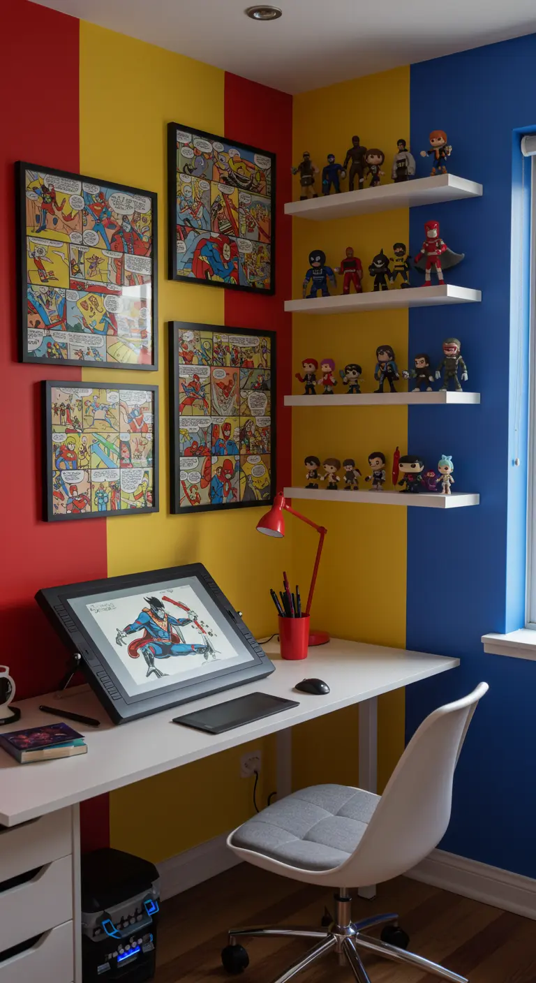 Estudio de un ilustrador de cómics con paredes a rayas de colores, cómics enmarcados y figuras de acción.