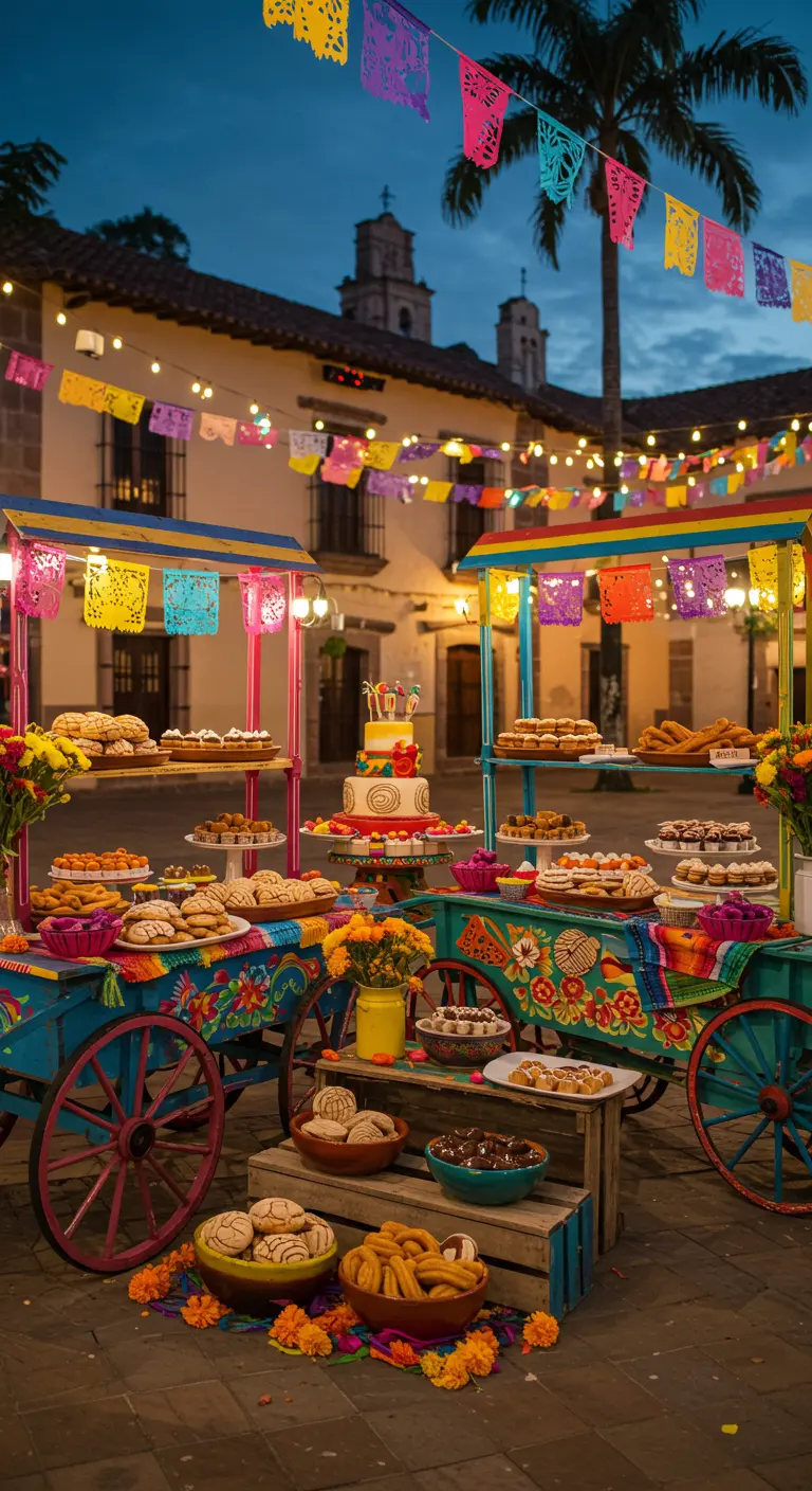Puestos de mercado mexicanos de madera llenos de pan dulce y postres, decorados con papel picado.