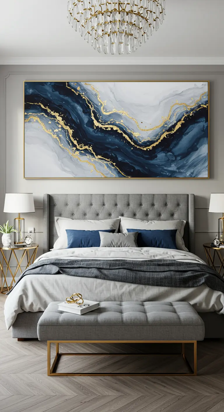 Gran lienzo abstracto con fluidos de pintura azul, blanca y dorada sobre una cama gris.