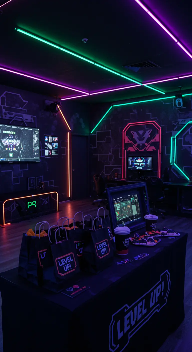 Bolsas de regalo negras con temática de videojuegos en una sala con luces de neón.