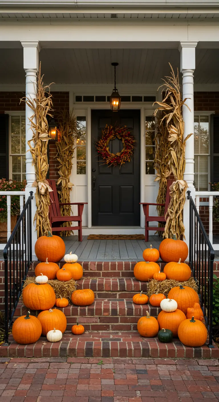Porche decorado para el otoño con calabazas en las escaleras, tallos de maíz y una corona.
