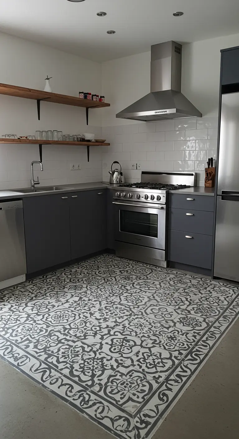 Cocina con una zona central del suelo cubierta por baldosas hidráulicas grises que simulan una alfombra.
