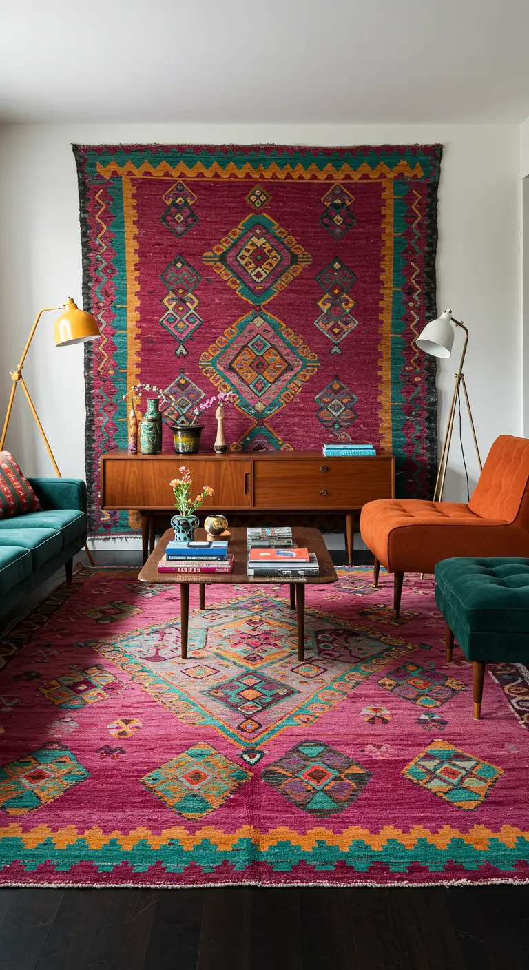 Salón ecléctico con una gran alfombra marroquí de colores vibrantes colgada en la pared
