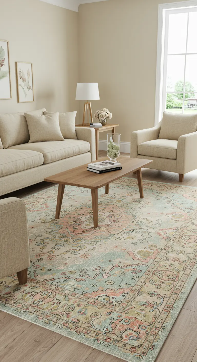 Sala de estar neutra con sofás beige y una gran alfombra de estilo persa en tonos pastel.