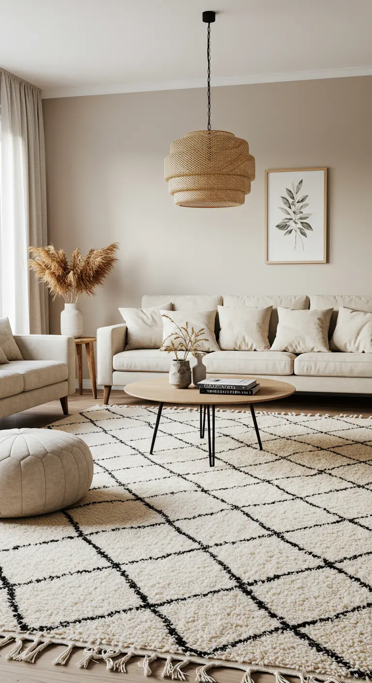 Salón de estilo nórdico con sofá beige y una gran alfombra marroquí de rombos negros.