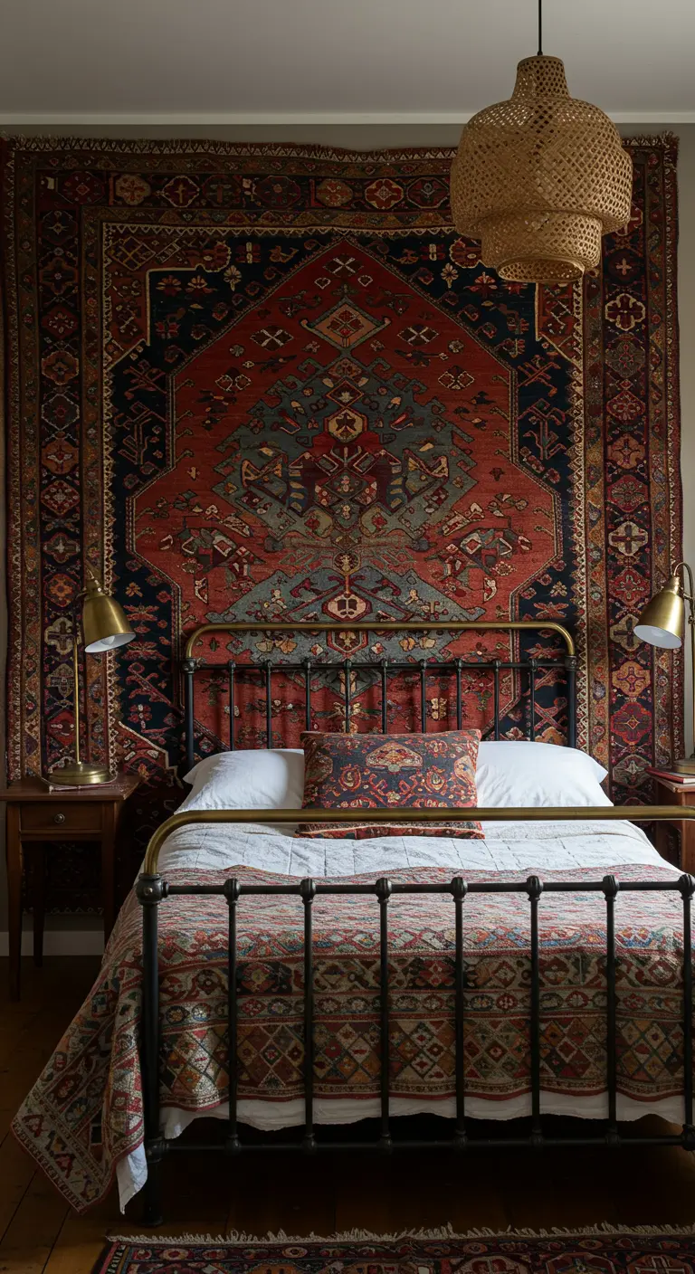 Alfombra persa de gran tamaño colgada en la pared como cabecero de una cama de forja.