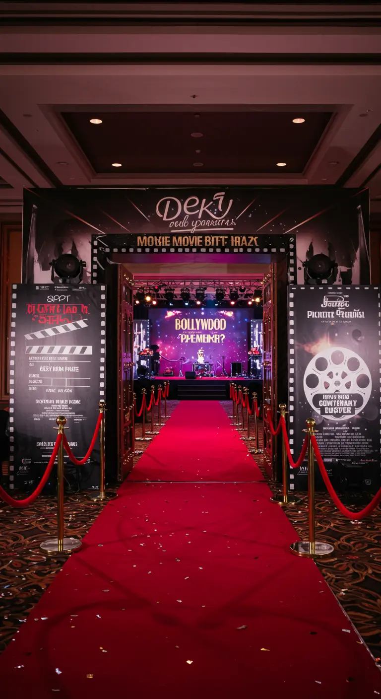 Entrada de fiesta con alfombra roja, postes dorados y pósters de cine personalizados.