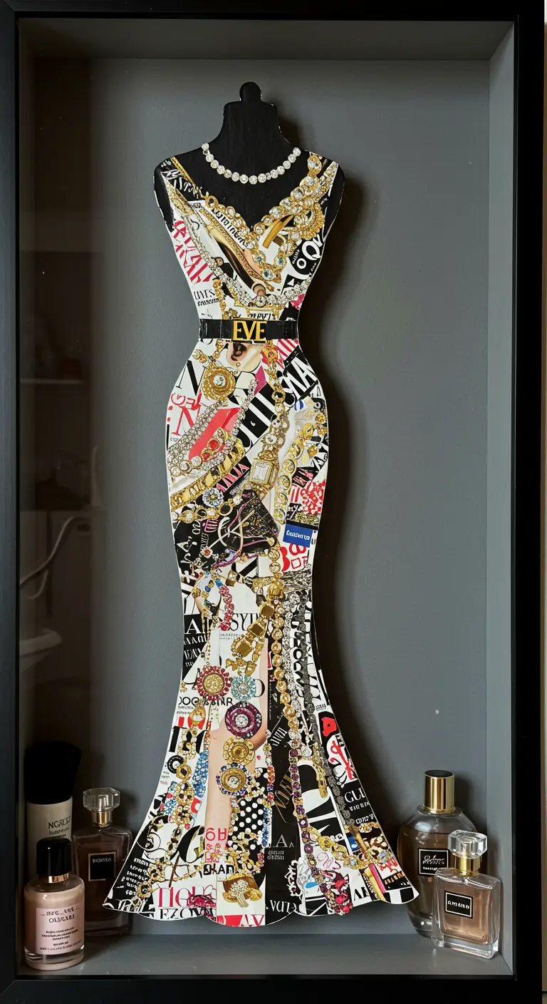 Collage de un vestido de gala dentro de un marco de caja, hecho con recortes de joyas y logos.