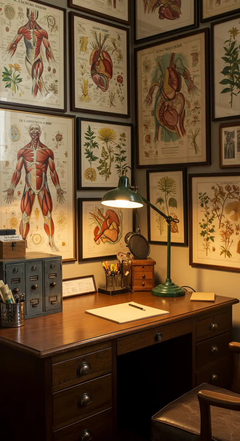 Estudio con una pared cubierta de láminas de anatomía vintage y un escritorio de madera oscura.