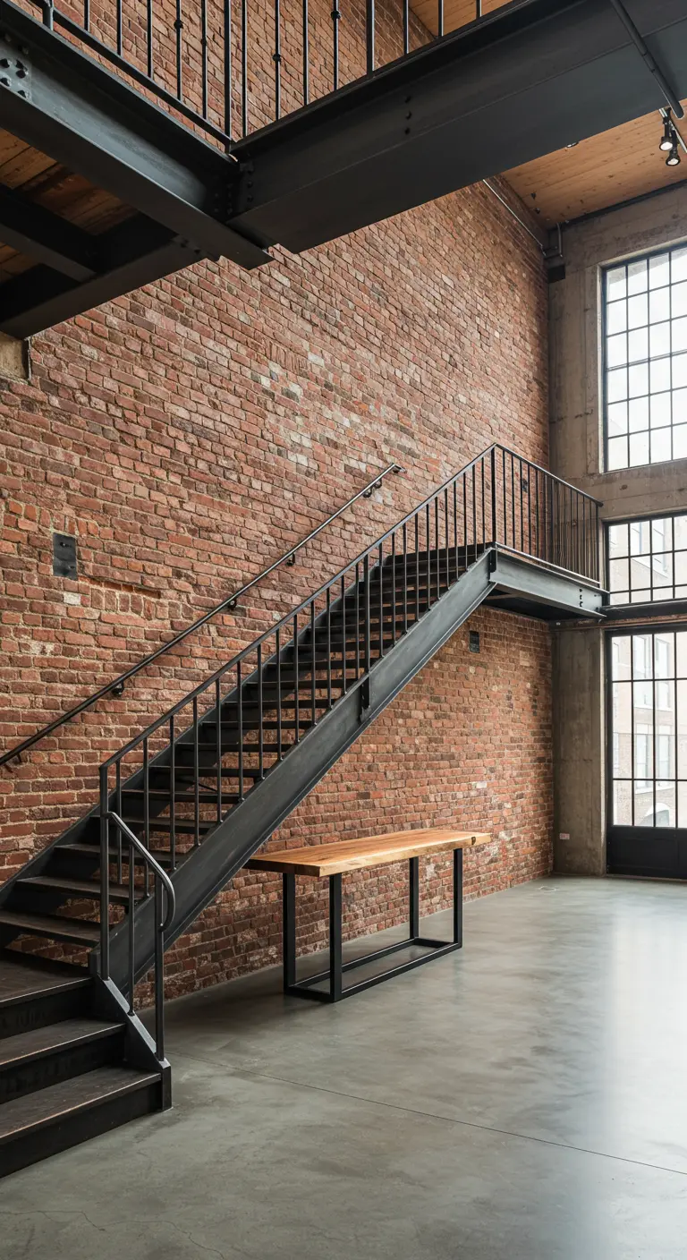 Recibidor industrial tipo loft con pared de ladrillo, escalera de metal y banco de madera.
