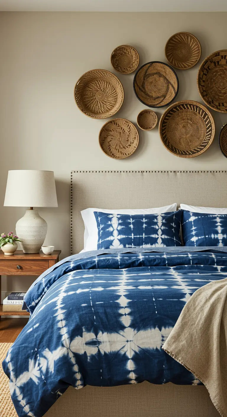 Dormitorio bohemio con una composición de cestas de mimbre en la pared y ropa de cama tie-dye azul.