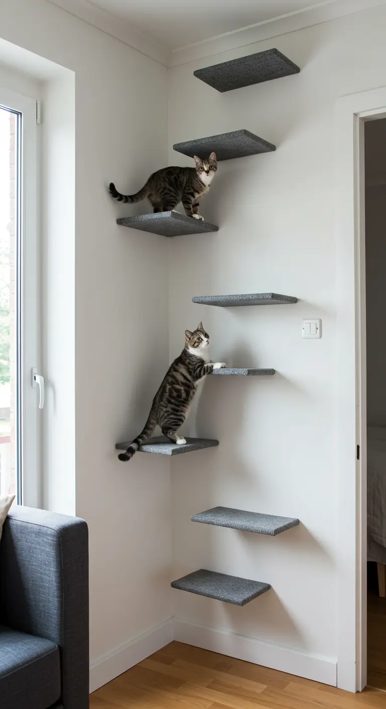 Gatos subiendo por una serie de repisas escalonadas instaladas en la esquina de una pared.