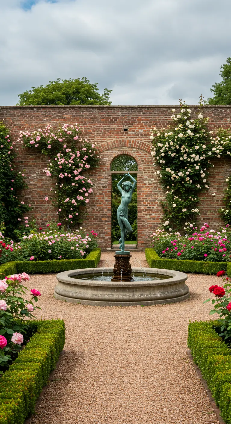 Patio de grava con una fuente circular y una escultura de bronce de una bailarina en el centro.