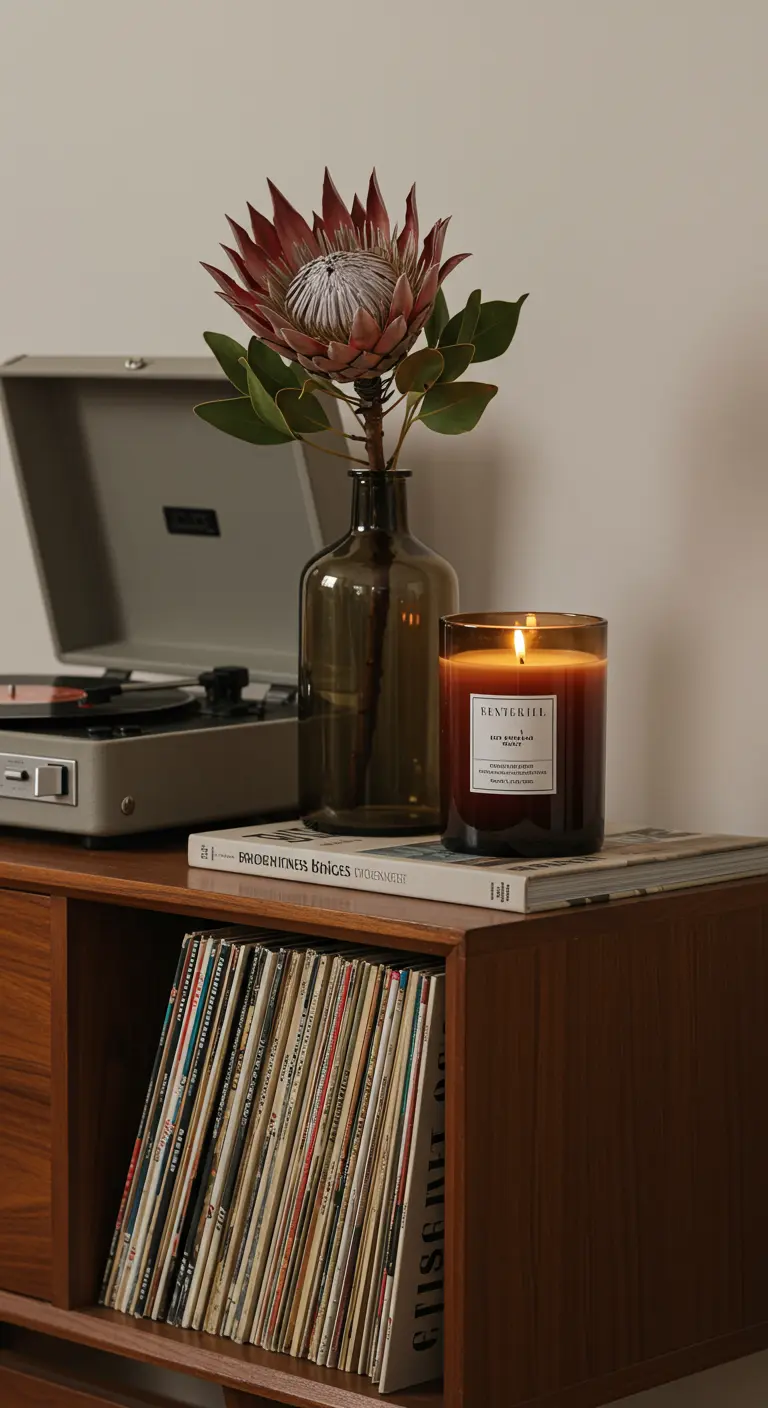 Rincón con un tocadiscos vintage, una colección de vinilos y una flor de protea en un jarrón.