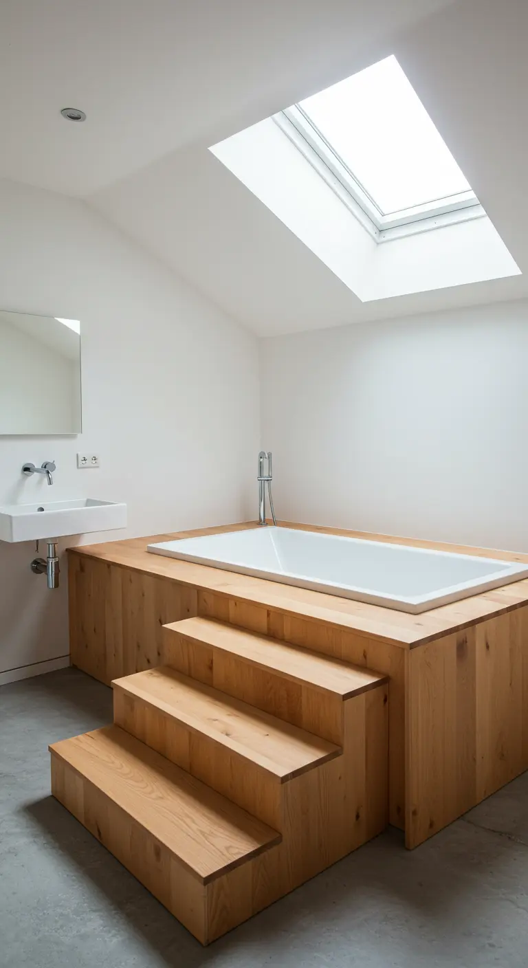 Bañera blanca encastrada en una estructura elevada de madera clara con escalones.