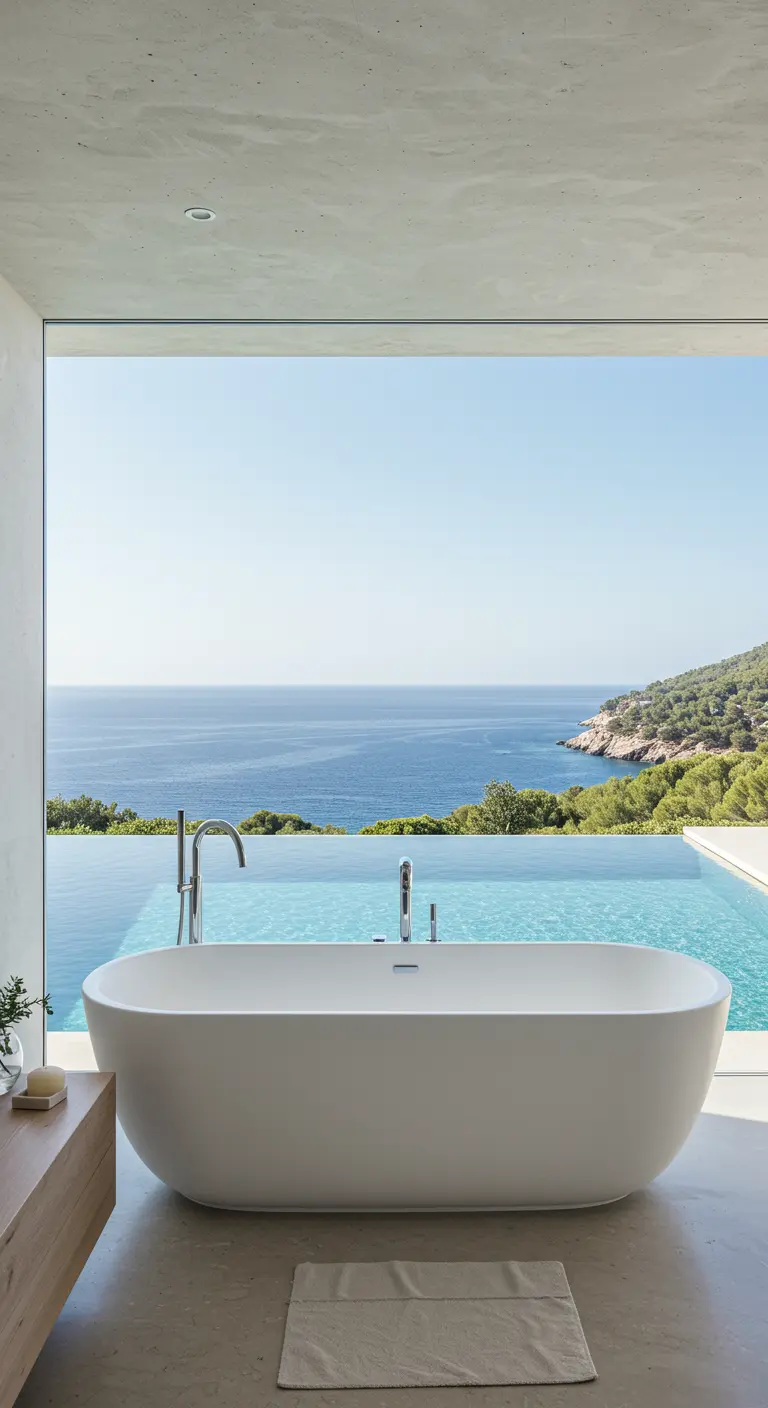 Bañera exenta frente a un gran ventanal con vistas a una piscina infinita y al mar.