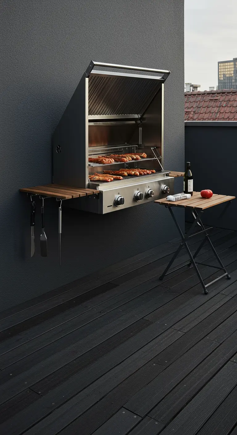 Barbacoa de acero inoxidable plegable y montada en la pared con repisas de madera.