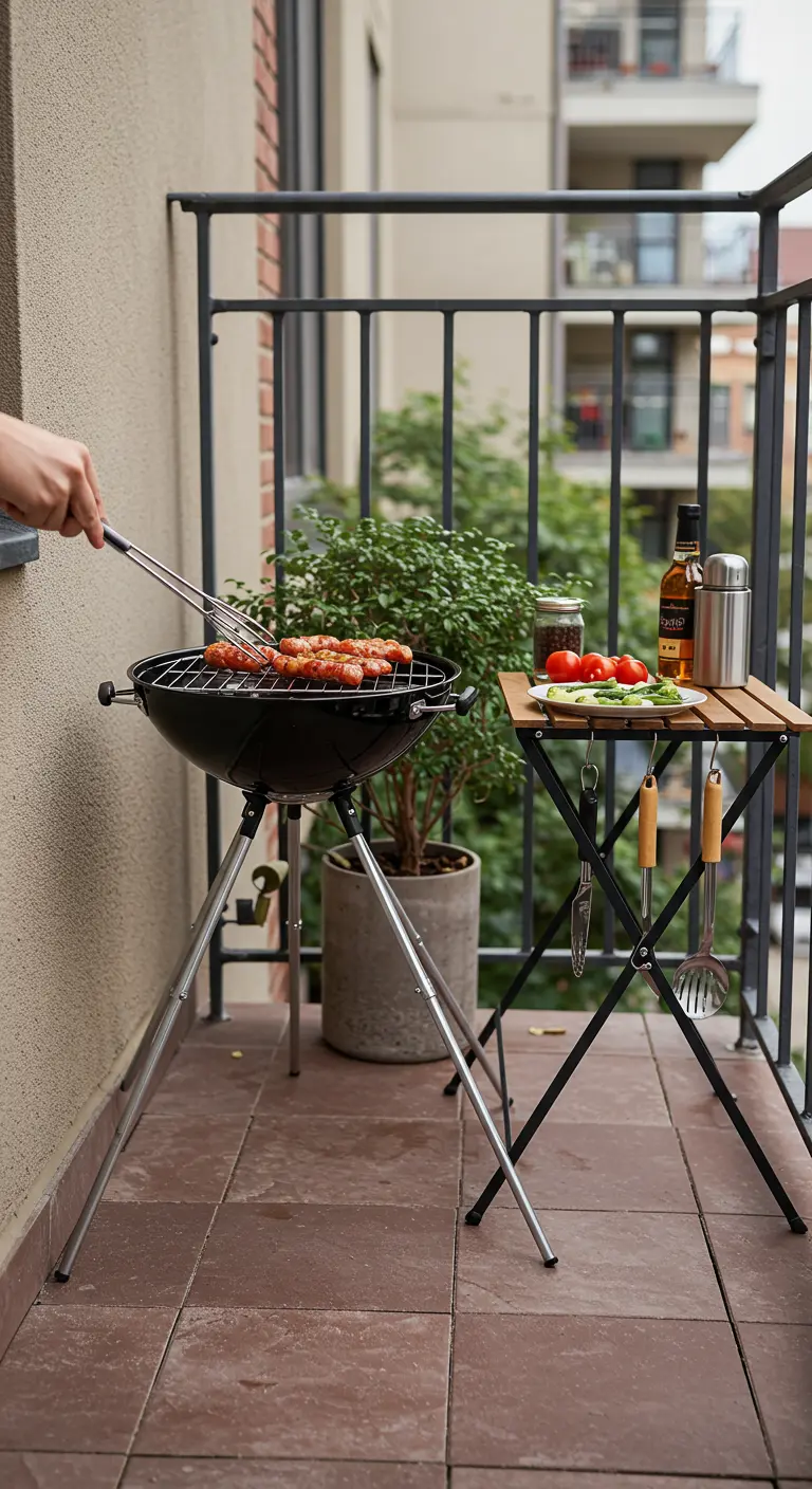 Barbacoa portátil en un balcón junto a una mesa auxiliar de madera plegable para los utensilios.