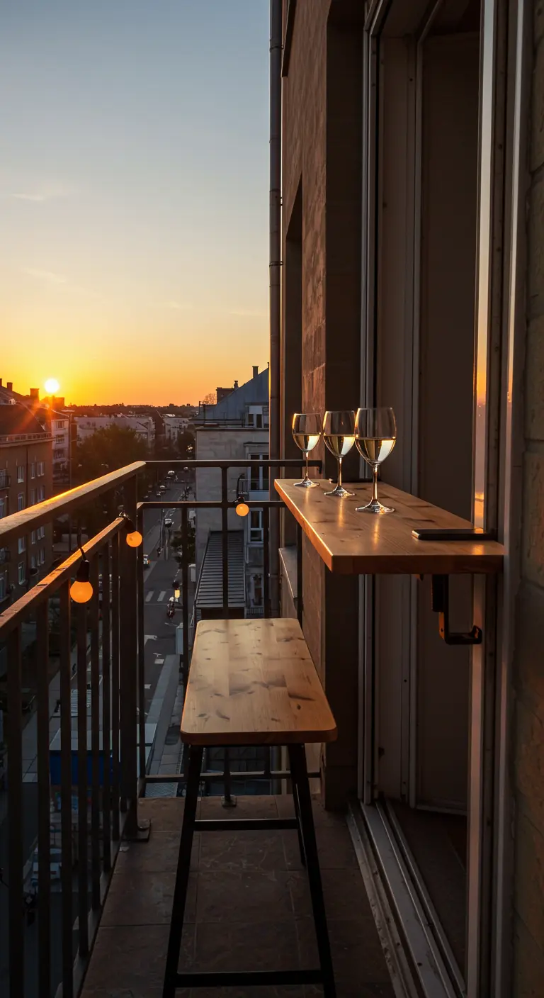 Mesa de bar plegable de madera colgada en la barandilla de un balcón al atardecer.