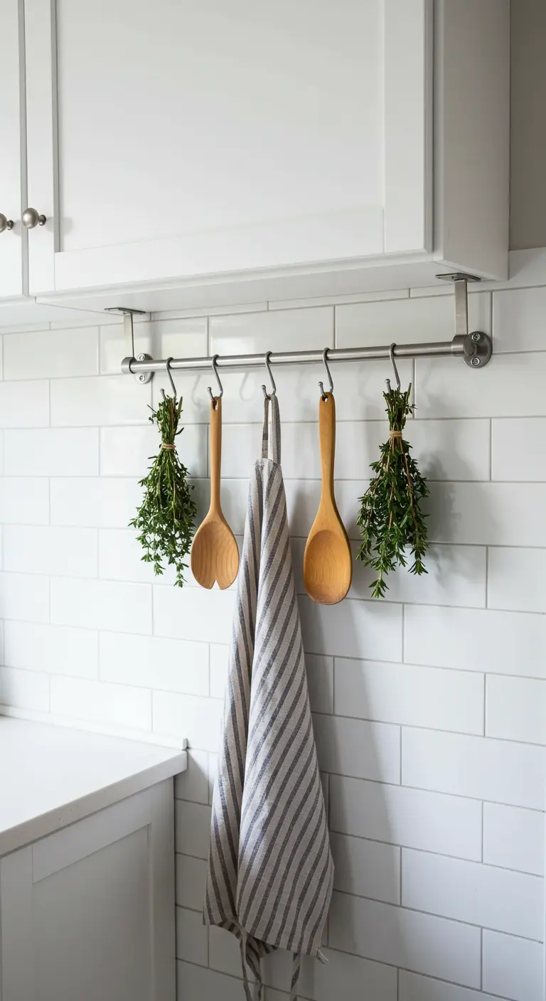 Barra metálica con ganchos en S para colgar utensilios y hierbas en la cocina.