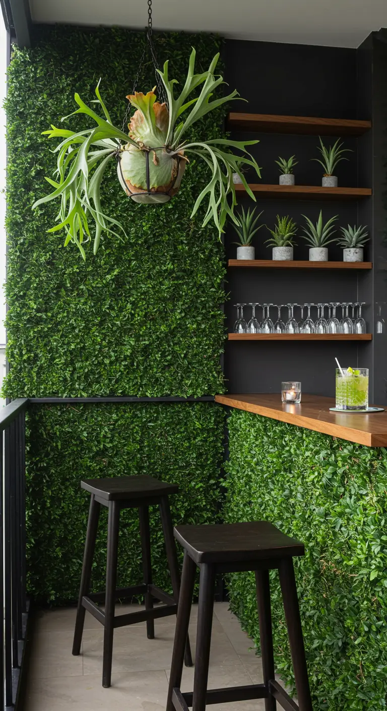 Balcón pequeño transformado en un bar con paredes cubiertas de vegetación, una barra de madera y taburetes altos.