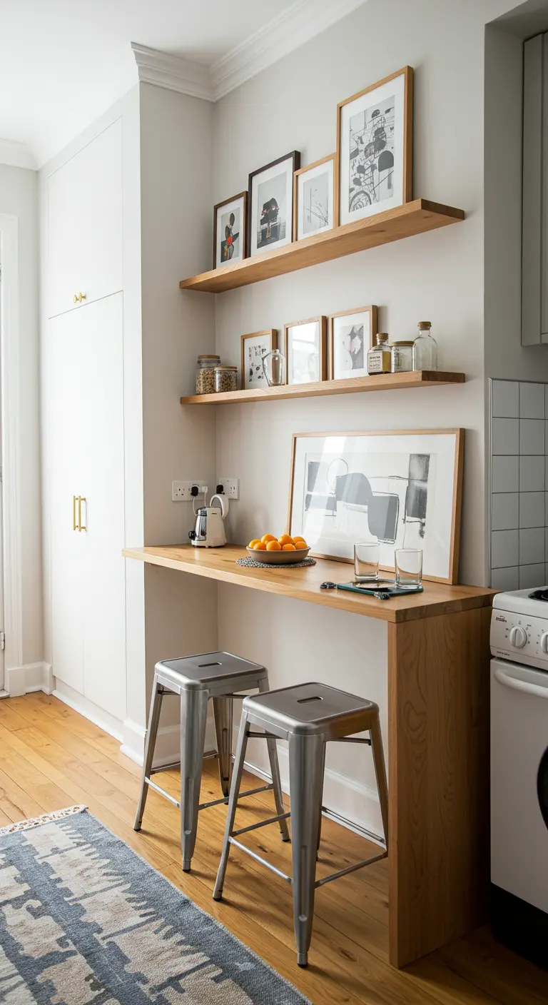 Barra de desayuno de madera con taburetes metálicos junto a una pared con estantes flotantes.
