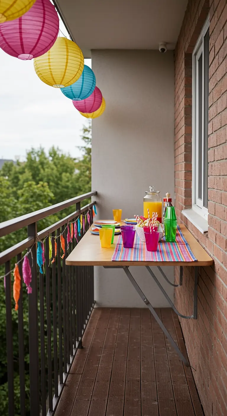 Larga mesa plegable de pared en un balcón, decorada para una fiesta con vasos y farolillos.