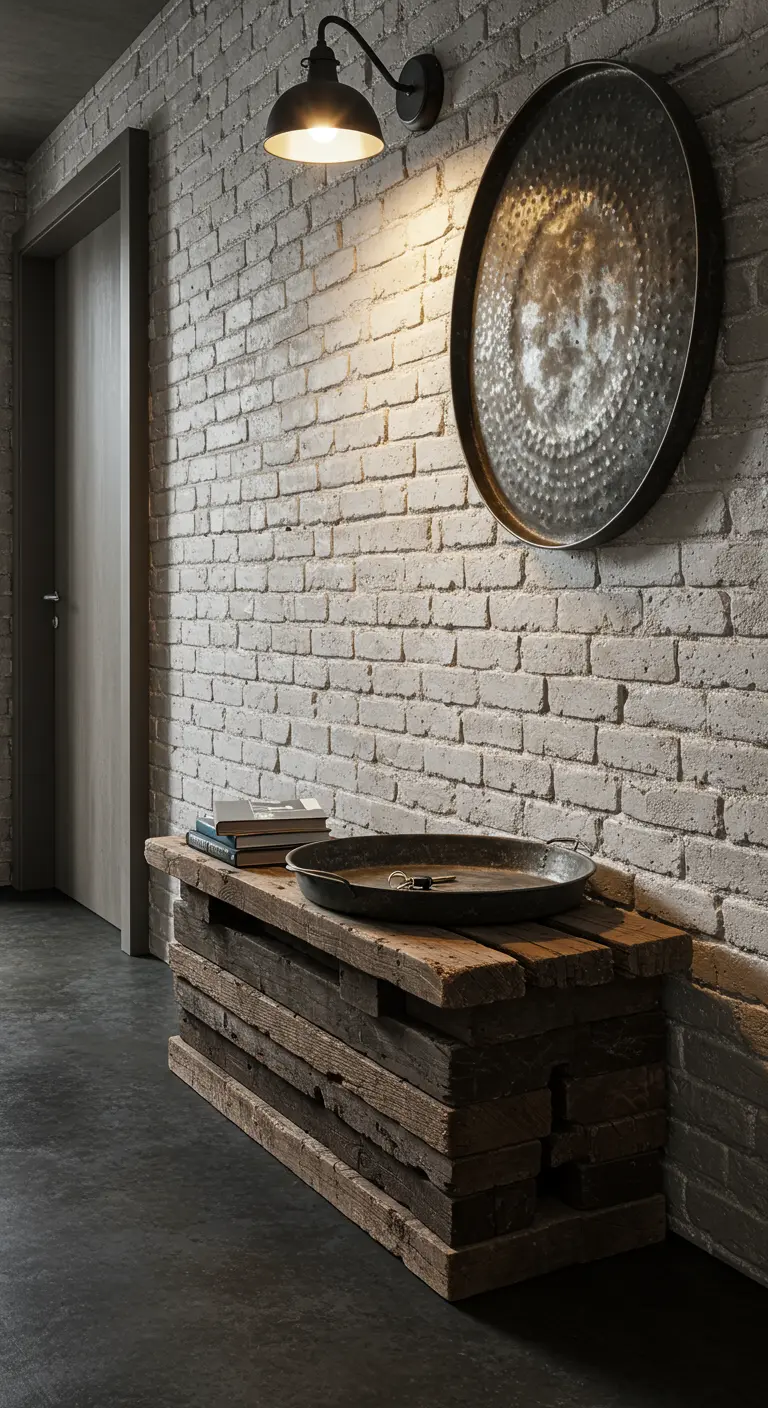 Banco hecho con tablones de madera apilados frente a una pared de ladrillo blanco.