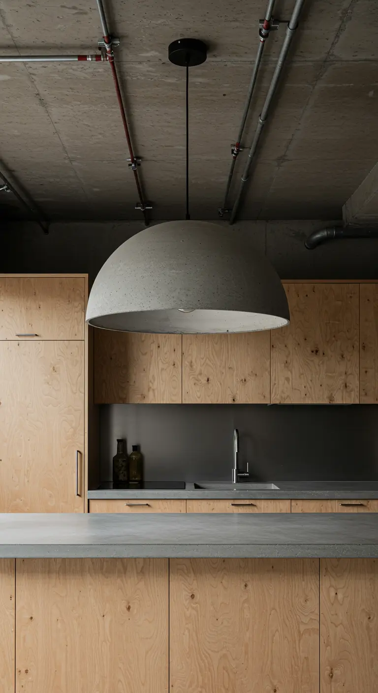 Cocina industrial con gabinetes de madera contrachapada y una gran lámpara de cúpula de hormigón.