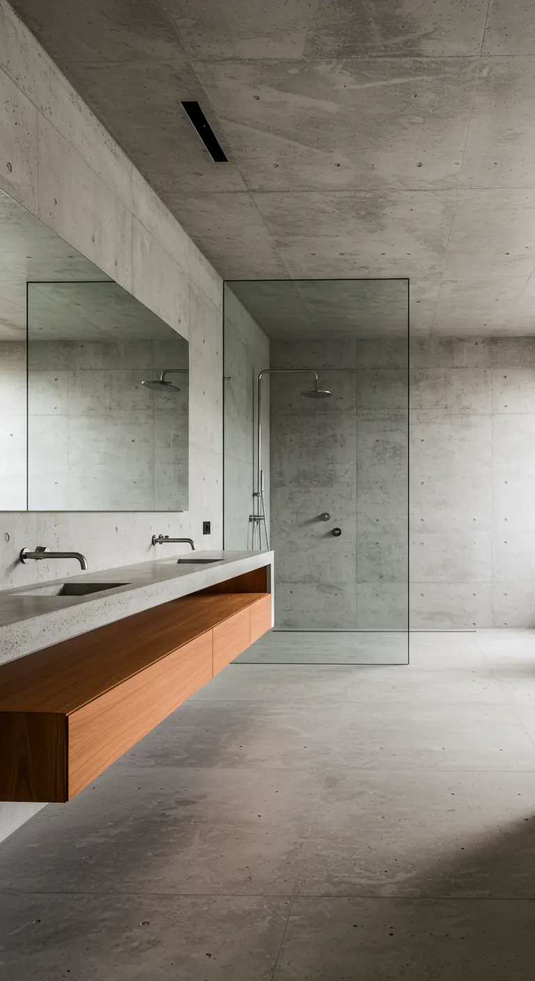 Baño minimalista y moderno con paredes de hormigón visto y un mueble de madera flotante.