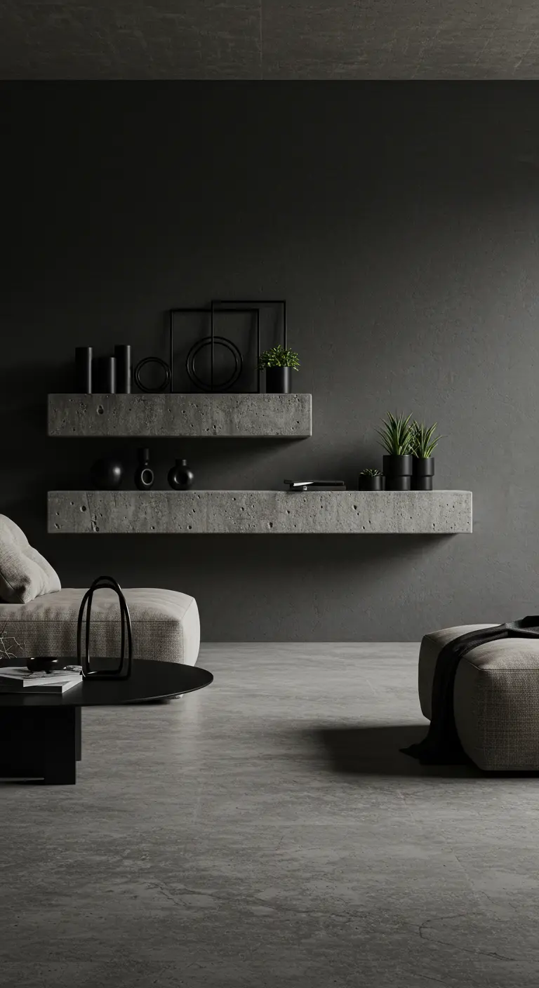 Dos gruesas estanterías flotantes de hormigón en una sala de estar de estilo brutalista.