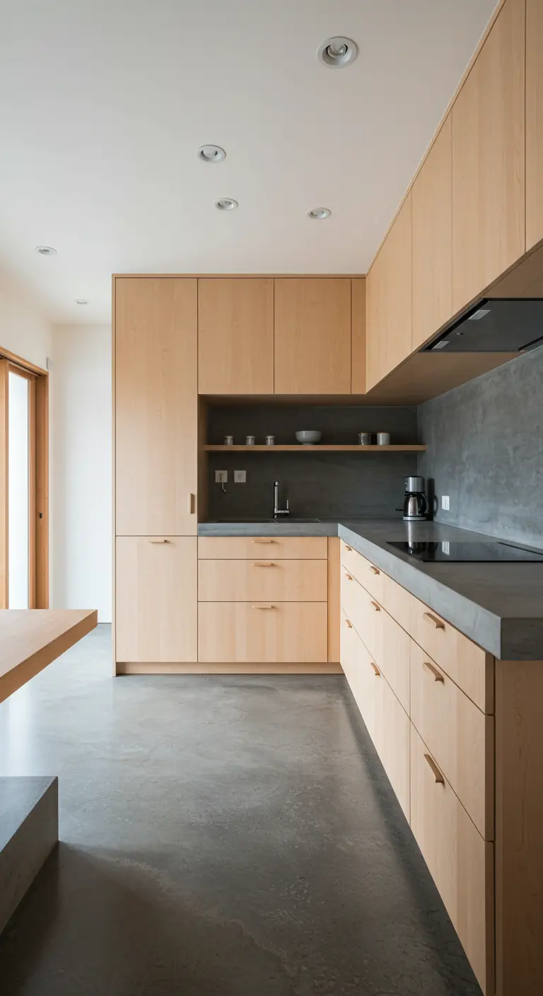 Cocina con armarios de madera clara y encimera y salpicadero de hormigón gris