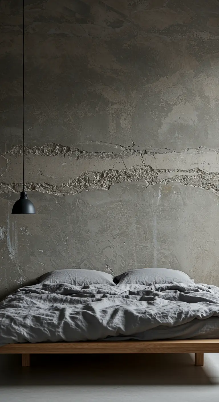 Dormitorio minimalista con una pared de hormigón crudo y texturizado detrás de la cama.