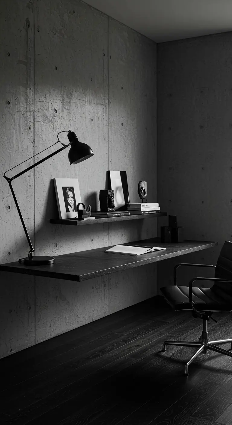 Oficina de estilo brutalista con pared de hormigón y escritorio, silla y lámpara en color negro.