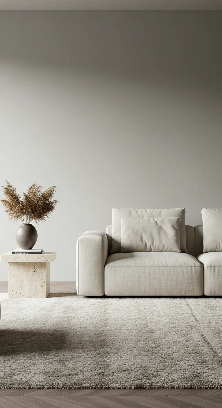 Detalle de un sofá beige y una mesa auxiliar de piedra natural con un jarrón