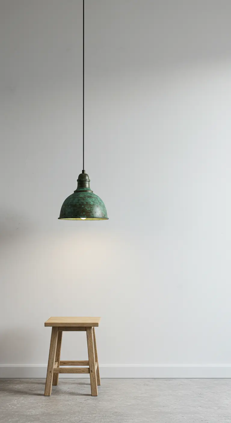 Lámpara colgante minimalista con pantalla de metal con pátina verde sobre un taburete.