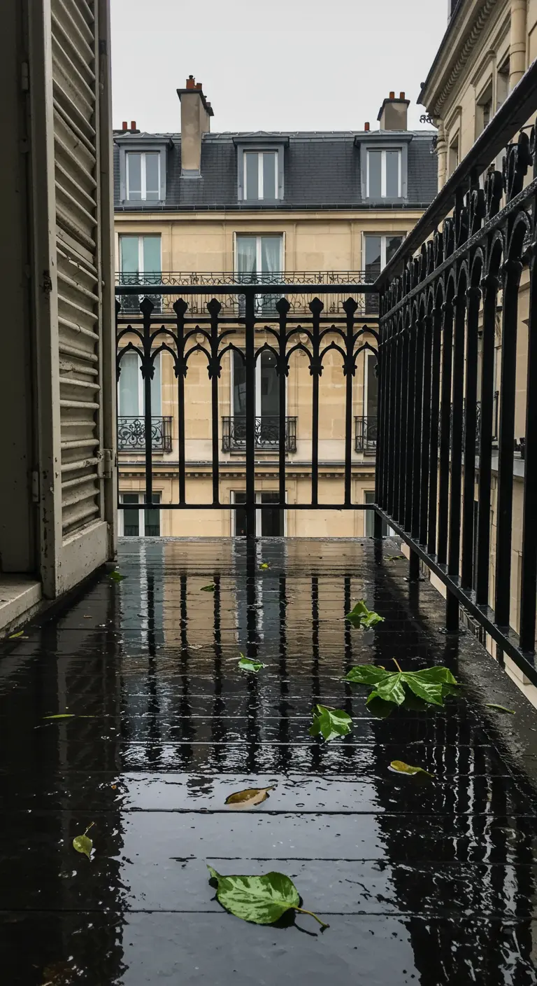 Balcón con suelo de madera oscuro mojado por la lluvia, reflejando la barandilla
