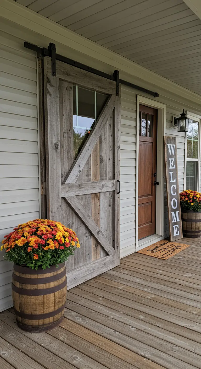 Puerta de granero hecha con madera recuperada de diferentes tonos en un porche de madera.